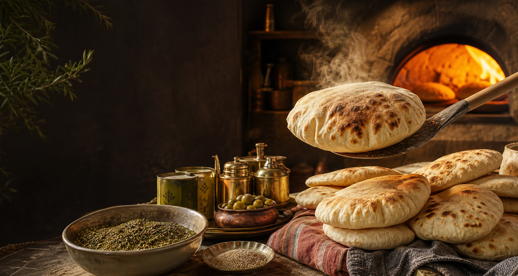 Fresh pita breads at a warm Syrian bakery counter