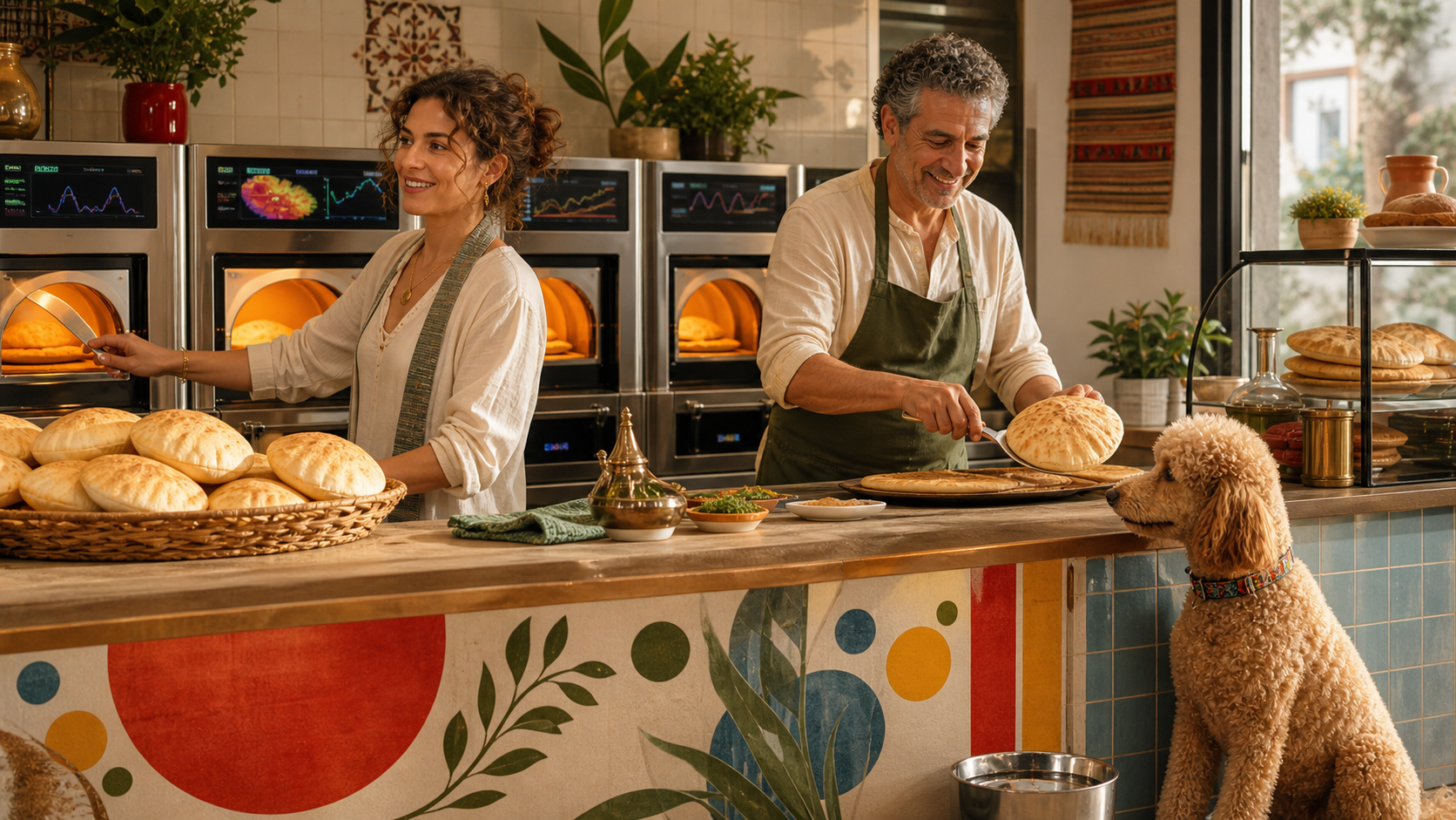 KasBar Bread counter with smart micro ovens, fresh pita, and a dog-friendly bakery scene